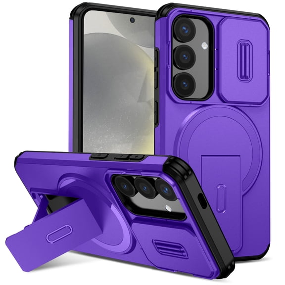 for Samsung Galaxy S26 Case with Camera Sliding Cover & Adjustable Kickstand, Magnetic Wireless Charging Rugged Shockproof Bumper Cases Heavy-Duty Magnetic Protective Phone Cover, Purple