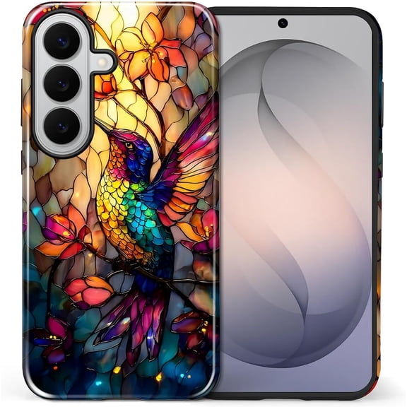 for Samsung Galaxy S26 Case, Dual-Layer Hard Shell, Silicone Phone Cover, Full Body Protection Shockproof Case for Samsung Galaxy S26-Floral Hummingbird Stained Glass