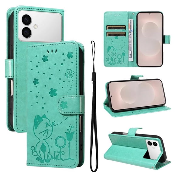 For Samsung Galaxy S26 Edge 5G 6.7" Cat&Bee Patterned Embossed Strong Magnetic Attachment/Closure, Card Slots/Pocket, PU Leather Flip Wallet Case ,Green,For Galaxy S26 Edge 5G
