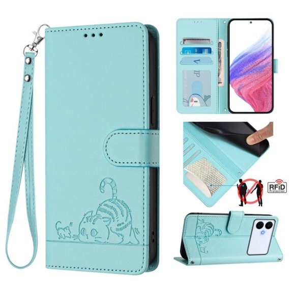For Samsung Galaxy S26 Edge 5G 6.7" RFID Blocking Protective Purse Case Cat Embossed Strong Magnetic Attachment/Closure, Card Slots/Pocket, PU Leather Flip Wallet Case With Hanging Rope,Light green