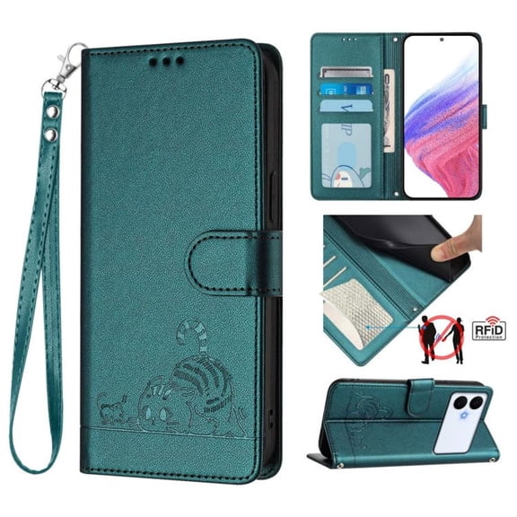 For Samsung Galaxy S26 Edge 5G 6.7" RFID Blocking Protective Purse Case Cat Embossed Strong Magnetic Attachment/Closure, Card Slots/Pocket, PU Leather Flip Wallet Case With Hanging Rope,Green