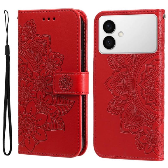 For Samsung Galaxy S26 Edge 5G 6.7" Seven Petal Flower Embossed Strong Magnetic Attachment/Closure, Card Slots/Pocket, PU Leather Flip Wallet Case With Hanging Rope,Red,For Galaxy S26 Edge 5G