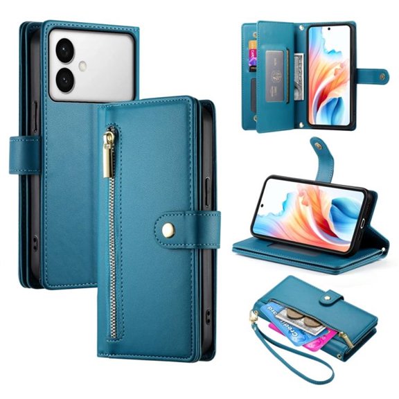 For Samsung Galaxy S26 Edge 5G 6.7-inch Wallet Case for Women Men Multi-Card Slots Zipper Pocket Lanyard Strap Wristlet Leather Phone Case,Blue,For Galaxy S26 Edge 5G