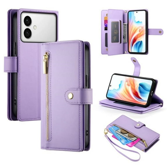 For Samsung Galaxy S26 Edge 5G 6.7-inch Wallet Case for Women Men Multi-Card Slots Zipper Pocket Lanyard Strap Wristlet Leather Phone Case,Purple,For Galaxy S26 Edge 5G