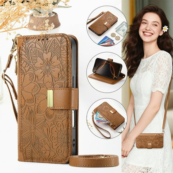 For Samsung Galaxy S26 Edge Wallet Case with Card Holder/Cash Slot,RFID Blocking Magnetic Closure Flower Pattern PU Leather Flip Kickstand Shoulder Strap & Wrist Lanyard Zipper Pocket Cover,Brown
