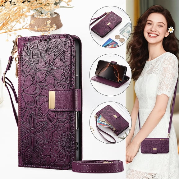 For Samsung Galaxy S26 Edge Wallet Case with Card Holder/Cash Slot,RFID Blocking Magnetic Closure Flower Pattern PU Leather Flip Kickstand Shoulder Strap & Wrist Lanyard Zipper Pocket Cover,Purple