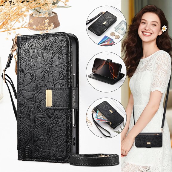 For Samsung Galaxy S26 Edge Wallet Case with Card Holder/Cash Slot,RFID Blocking Magnetic Closure Flower Pattern PU Leather Flip Kickstand Shoulder Strap & Wrist Lanyard Zipper Pocket Cover,Black