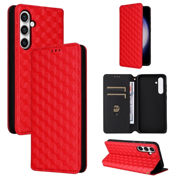 For Samsung Galaxy S26 Edge Wallet Case with RFID Blocking ID Credit Card Holder, Luxury Diamond Patterned Shiny PU Leather Magnetic Folio Book Flip Kickstand Shockproof Phone Case, Red