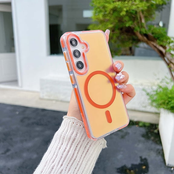 For Samsung Galaxy S26+ Magnetic Phone Case,Drop Protection,Compatible with Mag-safe,Dazzling and Color-changing Back Design,Ultra Slim Shockproof Anti-Scratch Translucent Phone Case,Orange