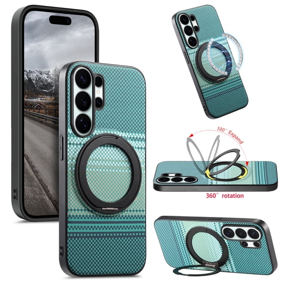 For Samsung Galaxy S26+ Phone Case,360° Rotatable Ring Kickstand,Gradient Fiber Pattern Back Design,Ultra Slim Anti-Scratch Shockproof Anti-fall Drop Protection,Durable ThinPhone Case,Green