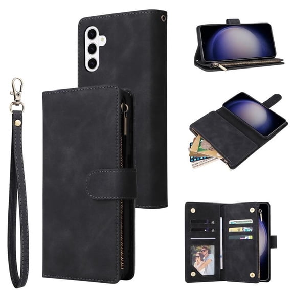 For Samsung Galaxy S26 Plus 5G Matte Texture Wallet Phone Case with 6 Card Holder Zipper Pocket, Magnetic Closure Premium Folio PU Leather Flip Case With Wrist Strap,Black,For Galaxy S26 Plus 5G