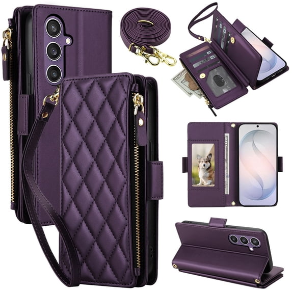 For Samsung Galaxy S26 Plus 5G RFID Blocking Wallet Case, Crossbody Purse Phone Case with 9 Card Slots, Zipper Pocket & Detachable Strap,Dark Purple,For Galaxy S26 Plus 5G