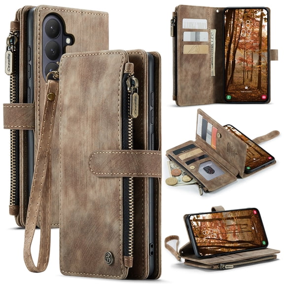 for Samsung Galaxy S26 Plus Wallet Case with Card Slots, Leather Detachable Wristlet Strap 3-in-1 Zipper Pocket and Magnetic Flip Folio, RFID Blocking Card Holder Stand Case for Women and Men,Brown