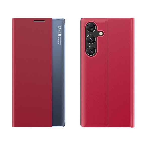 for Samsung Galaxy S26 Smart Case, PU Leather Texture Flip Cover Smart View Window, Shockproof Protective Durable Anti-Scratch Kickstand Phone Case, Red