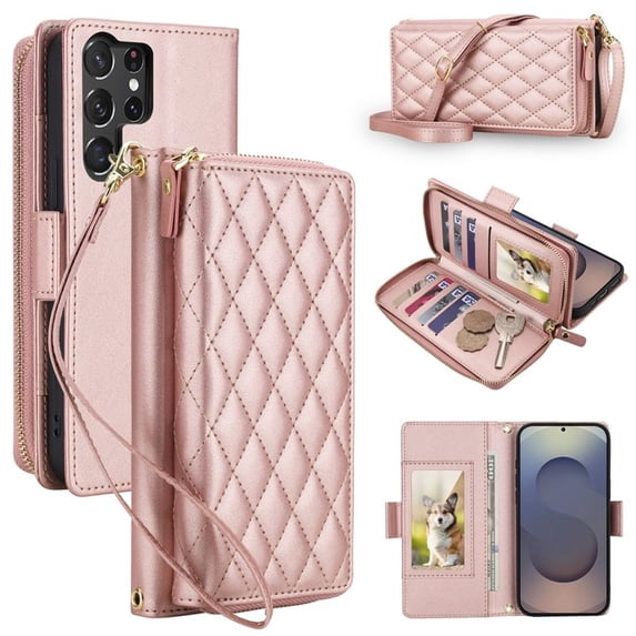 For Samsung Galaxy S26 Ultra 5G 6.9"【RFID Blocking 】Diamond Grid Wallet Case Magnetic Flip Cover 7-Card Slots Zipper Pocket With Detachable Shoulder Strap And Wrist Strap,Rose gold