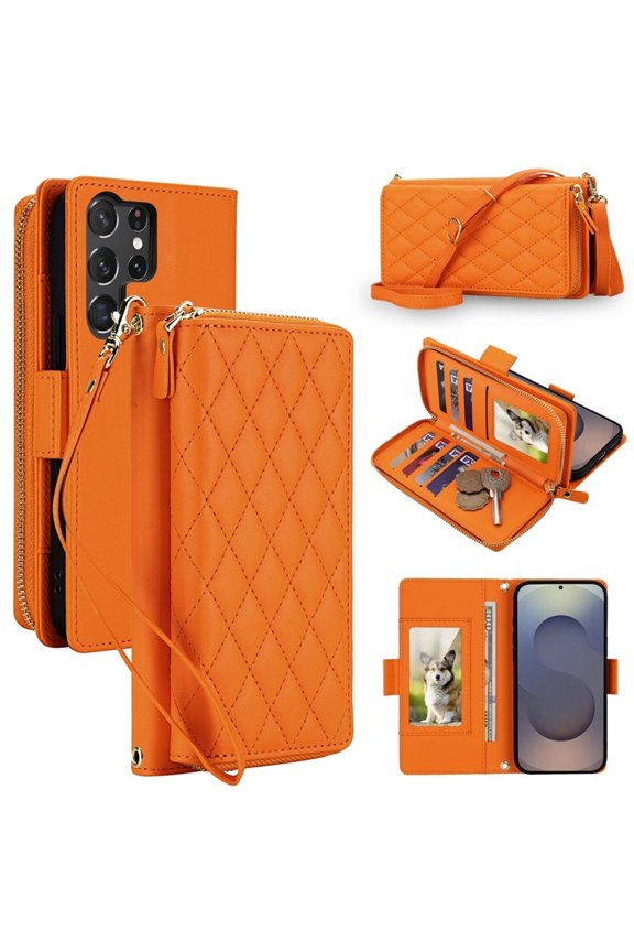 For Samsung Galaxy S26 Ultra 5G 6.9"【RFID Blocking 】Diamond Grid Wallet Case Magnetic Flip Cover 7-Card Slots Zipper Pocket With Detachable Shoulder Strap And Wrist Strap,Orange