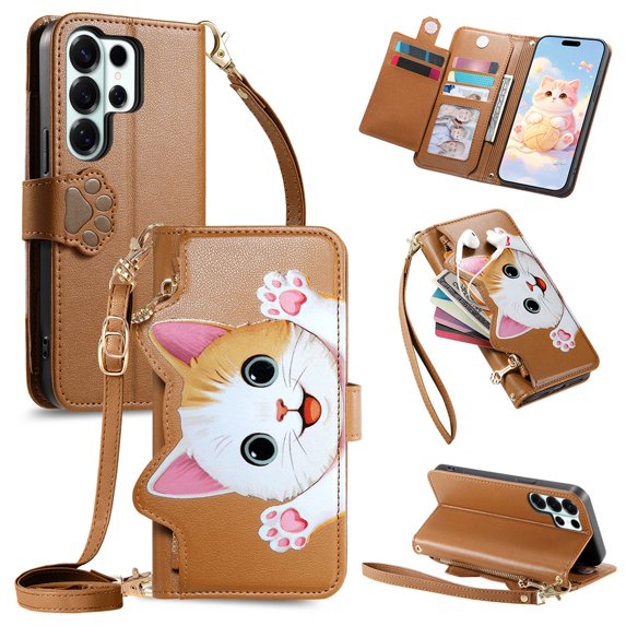For Samsung Galaxy S26 Ultra 5G Case Cat Pattern Buckle Zipper Wallet 5-card Flip Wallet Leather With Card Holder Magnetic Closure Phone Cases Cover With Shoulder Strap and Wrist Strap,Brown