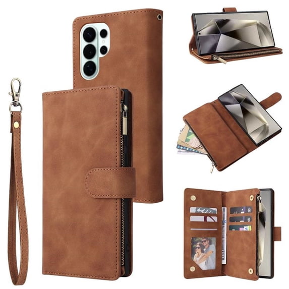 For Samsung Galaxy S26 Ultra 5G Matte Texture Wallet Phone Case with 6 Card Holder Zipper Pocket, Magnetic Closure Premium Folio PU Leather Flip Case With Wrist Strap,Brown,For Galaxy S26 Ultra 5G