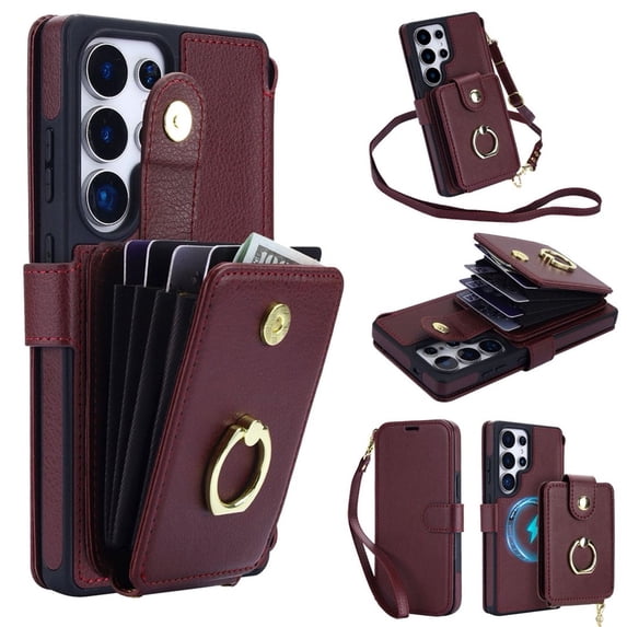 For Samsung Galaxy S26 Ultra 5G RFID Blocking Accordion Wallet Case Magnetic Flip Cover Multi-Card Slots With Ring Holder Detachable Shoulder Strap And Wrist Strap,Wine red,For Galaxy S26 Ultra 5G