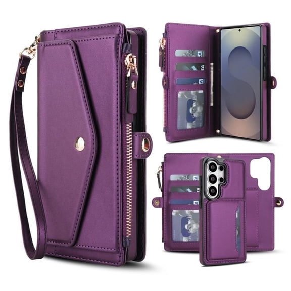 For Samsung Galaxy S26 Ultra 5G RFID Blocking Multi functional 2-in-1 Soft PU Leather Wallet Case Magnetic Flip Cover Multi-Card Slots Zipper Pocket With Detachable Shoulder Strap And Wrist Strap
