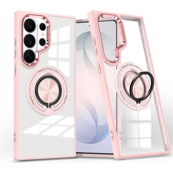 For Samsung Galaxy S26 Ultra 5G Transparent Case (Compatible With MagSafe) With 360° Rotation Invisible Magnetic O-Ring Stand Military-Grade Shockproof Phone Case,Pink,For Galaxy S26 Ultra 5G