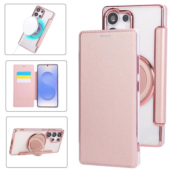 For Samsung Galaxy S26 Ultra 5G Wallet Cell Cover, RFID Blocking, PU Leather,Compatible With MagSafe , With Flip Card Holder, Ultra Thin Electroplated Rotating Bracket Magneti Protective Cover,Pink