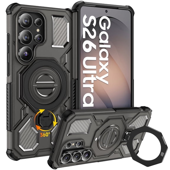 Samsung Galaxy S26 Ultra Case, [360 Spin Magnetic Stand] [Compatible with MagSafe], Military Grade Protective S26 Ultra Case with Kickstand & Ring Holder, Translucent Black
