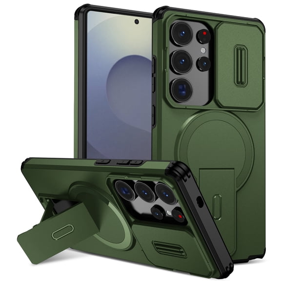 for Samsung Galaxy S26 Ultra Case with Camera Sliding Cover & Adjustable Kickstand, Magnetic Wireless Charging Rugged Shockproof Bumper Cases Heavy-Duty Magnetic Protective Phone Cover, Green
