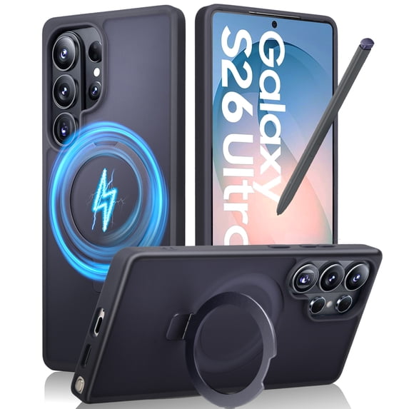Samsung Galaxy S26 Ultra Case with Ring Kickstand - MagSafe Compatible, Translucent Matte Slim Shockproof Cover, Military Grade Drop Protection - Black