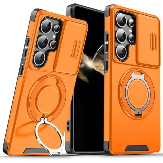 for Samsung Galaxy S26 Ultra Case with Slide Camera Cover and Rotating Kickstand Ring, Slim Magnetic Shockproof Accessories Phone Case,Orange,For Galaxy S26 Ultra 5G