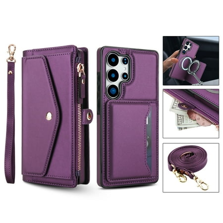 For Samsung Galaxy S26 Ultra Crossbody Wallet Phone Case,Magnetic Detachable Flip,With Shoulder Strap&Wrist Strap,Zipper Pocket,Card&Cash Slots,PU Leather Shockproof Rugged Phone Case,Purple