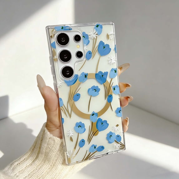 For Samsung Galaxy S26 Ultra Magnetic Phone Case,Elegant Floral Print Design,Compatible With Wireless Charging,PC + TPU Hybrid Ultra Slim Shockproof Drop Protection,Anti-Slip Thin Fit Phone Case,E