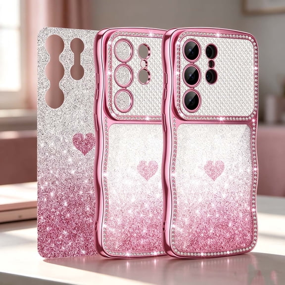 For Samsung Galaxy S26 Ultra Phone Case,Clear Bling Sparkly Cover,with DIY Love Heart Glitter Gradient Card,Bling Diamond Cute Wavy Frame Design,Full Camera Protection,Shockproof Phone Case,Pink