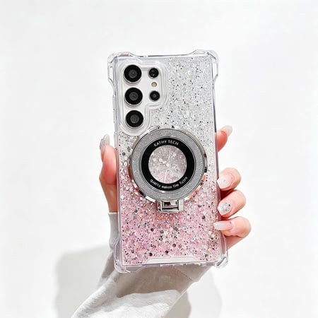 For Samsung Galaxy S26 Ultra Phone Case, Holographic Sparkle Glitter Case with Kickstand, Girls Women Bling Diamond Ring Protective Color Contrast Case for Samsung Galaxy S26 Ultra,Silver+Pink