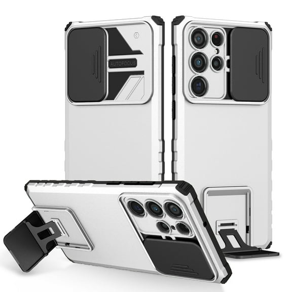 for Samsung Galaxy S26 Ultra Phone Case with Slide Camera Cover, Kickstand Rugged Military Grade Shockproof TPU Rubber Anti-Scratch Hard PC Back Cover for Samsung S26 Ultra, White