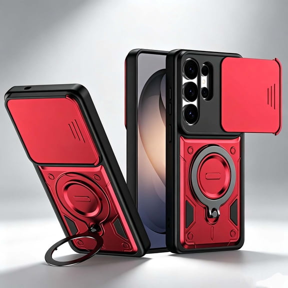 For Samsung Galaxy S26 Ultra Rugged Phone Case,360°Rotatable Ring Kickstand,Heavy Duty Shockproof Drop Protection,With Sliding Camera Cover,Non-Slip Anti-Scratch Durable Phone Case Cover,Red