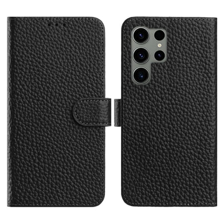 for Samsung Galaxy S26 Ultra Wallet Case, Genuine Leather Lychee Pattern Flip Cover, PU Leather TPU Case with Card Slots Kickstand Magnetic Closure Protective Case - Black