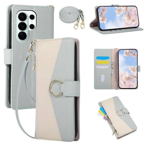 For Samsung Galaxy S26 Ultra Wallet Phone Case, Crossbody Leather Flip Cover with Card Slots Zipper Pocket, Circular Buckle, Detachable Wrist & Shoulder Strap hockproof Full Body Protective Cover