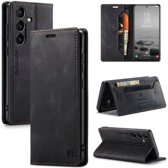 for Samsung Galaxy S26 Wallet Case PU Leather Flip Book Style Folio Strong Magnetic Closure RFID Blocking Protective Cover Credit Card Holder Kickstand Function Men Phone Case, Black