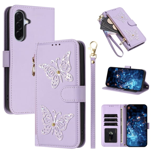 for Samsung Galaxy S26 Wallet Case, PU Leather TPU Protective Cover with Butterfly Design Zipper Pocket Card Slots Kickstand Shoulder Strap Wrist Strap Magnetic Clasp, Purple