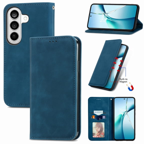 For Samsung Galaxy S26 Wallet Case with [RFID Blocking] Credit Card Slot Stand Magnetic Closure Premium PU Leather Retro Classic Flip Kickstand Shockproof TPU Shell Phone Cover, Blue