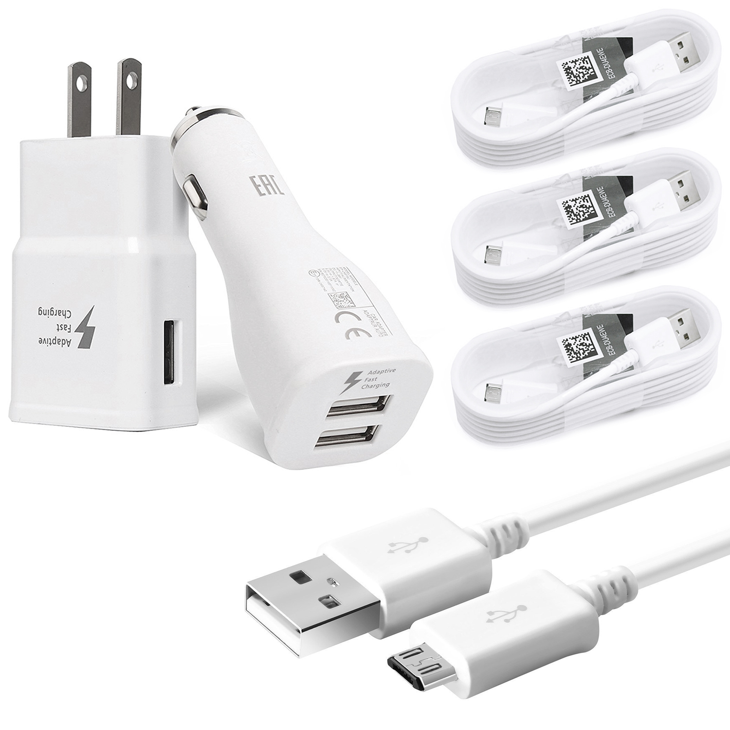 Samsung Galaxy S7, S7 Edge, S6, S6+, S6 Edge+ Adaptive Fast Charger Micro USB 2.0 Cable Kit Fast Charging USB Wall Charger & Car Charger [1 USB Car Charger + 1 Wall Charger + 3x 5 FT Micro USB Cable] - image 1 of 9