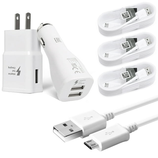 Samsung Galaxy S7, S7 Edge, S6, S6+, S6 Edge+ Adaptive Fast Charger Micro USB 2.0 Cable Kit Fast Charging USB Wall Charger & Car Charger [1 USB Car Charger + 1 Wall Charger + 3x 5 FT Micro USB Cable]