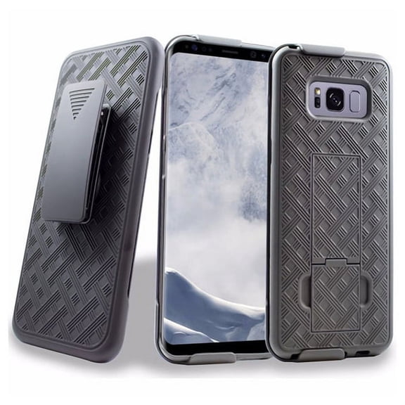 Samsung Galaxy S8 Compatible Combo Shell Case w Kick-stand Swivel Belt Clip Holster Cover Black Armor Defender Drop Protection Z3Y