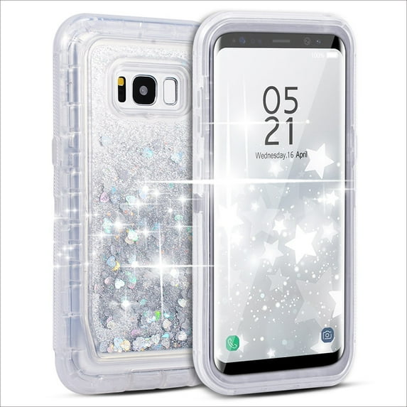 Samsung Galaxy S8 / G950 Tough Defender Sparkling Liquid Glitter Heart Case With Transparent