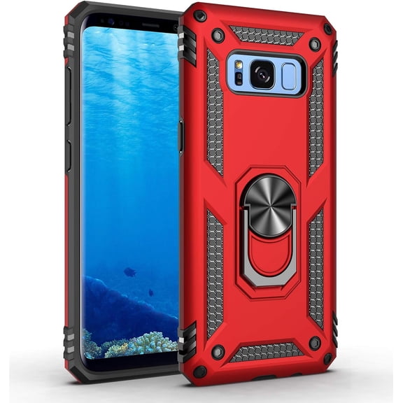 Samsung Galaxy S8 Phone Case, Extreme Protection Military Armor Dual Layer Protective Ring Kickstand Red