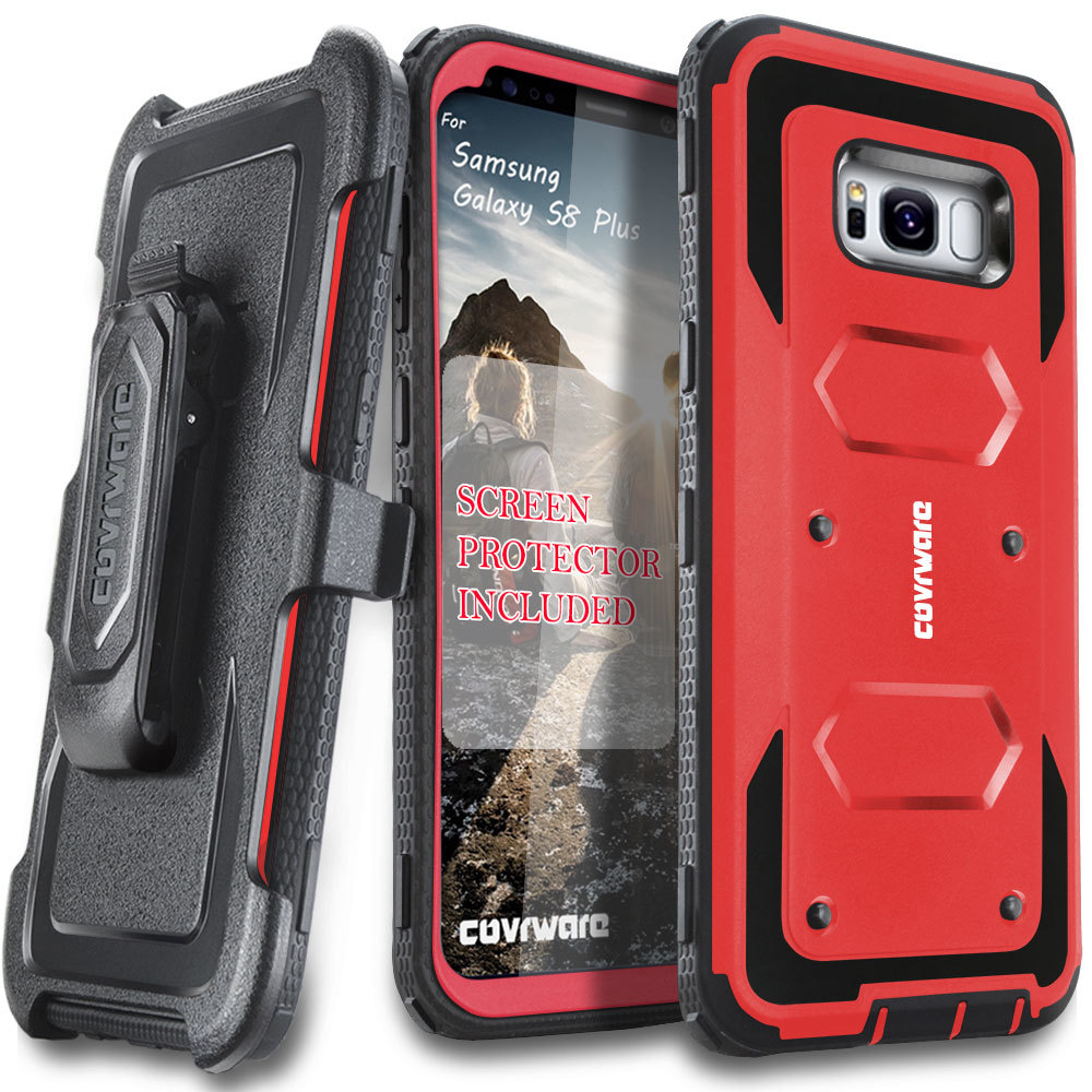 Samsung Galaxy S8 Plus Case, [Aegis Series] + Full-Coverage Screen Protector, Heavy Duty Rugged Full-Body Armor Holster Case [Belt Swivel Clip][Kickstand] For Samsung Galaxy S8 +, Red - image 1 of 8