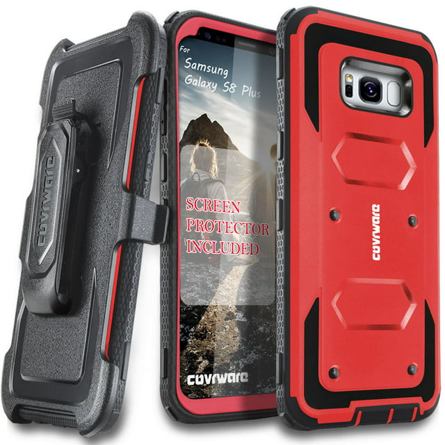 Samsung Galaxy S8 Plus Case, [Aegis Series] + Full-Coverage Screen Protector, Heavy Duty Rugged Full-Body Armor Holster Case [Belt Swivel Clip][Kickstand] For Samsung Galaxy S8 +, Red