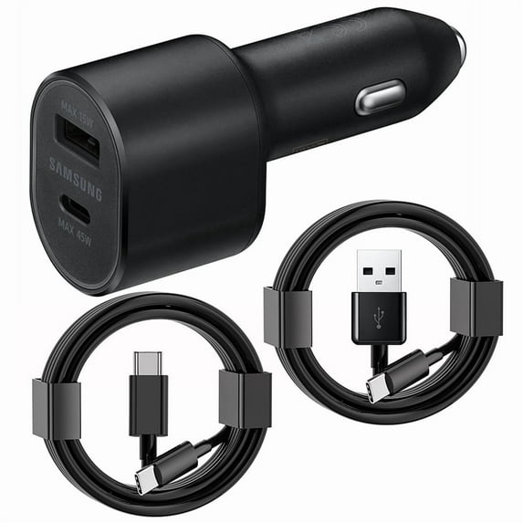Samsung Galaxy S25 S24 S23 S22 S21 S20 Ultra Adaptive Fast Charger USB-C Type-C Cable Kit Fast Charging Dual USB Car Charger Adapter [1 Dual USB Car Charger + 2x Type-C Cable], Black