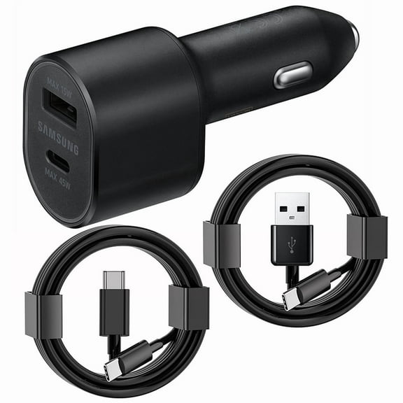 Samsung Galaxy S25 S24 S23 S22 S21 S20 Ultra Adaptive Fast Charger USB-C Type-C Cable Kit Fast Charging Dual USB Car Charger Adapter [1 Dual USB Car Charger + 2x Type-C Cable], Black